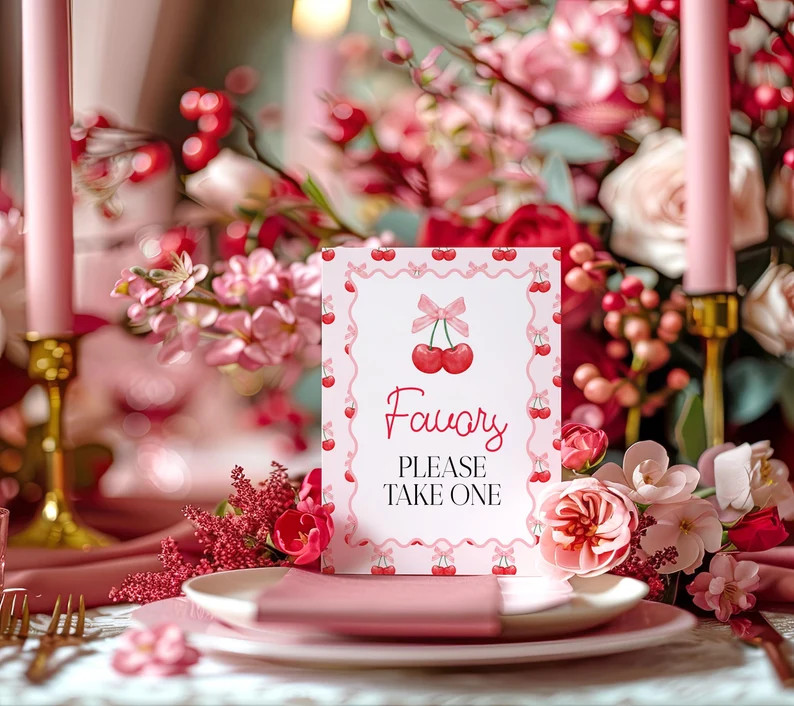Cherry Favors Sign Cherry on Top Baby Shower Pink Bow Baby Shower Sign Modern Girl Baby Shower Mi... | Etsy (US)