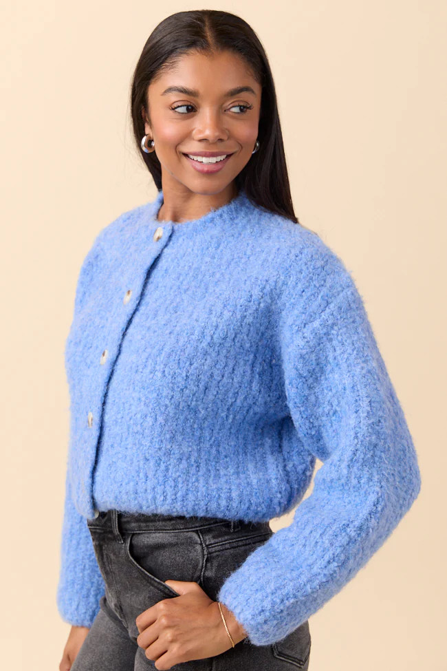 Taye Blue Chunky Boucle Cardigan | Pink Lily