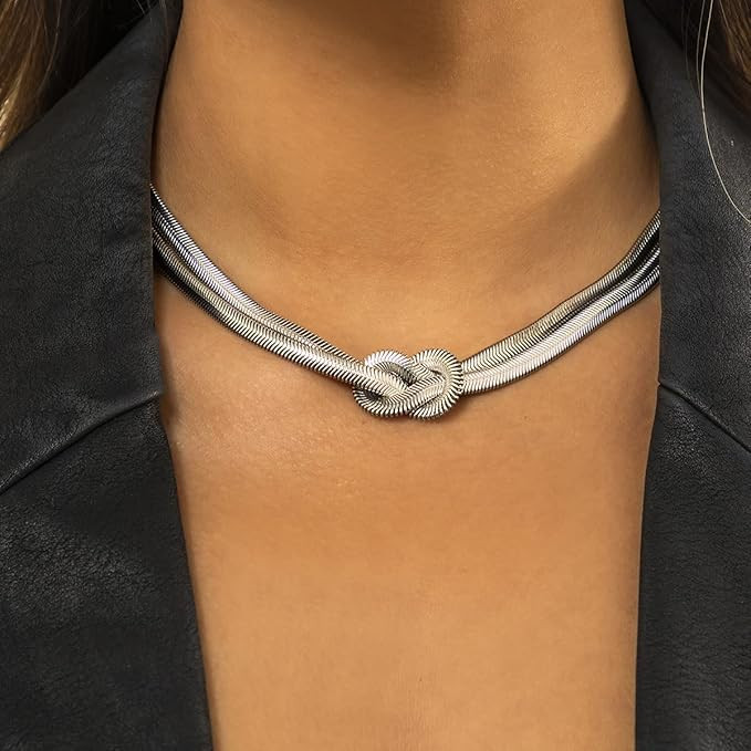 Sttiafay Punk Double Layer Snake Chain Choker Necklace Silver Knot Herringbone Chain Necklace Hip... | Amazon (US)