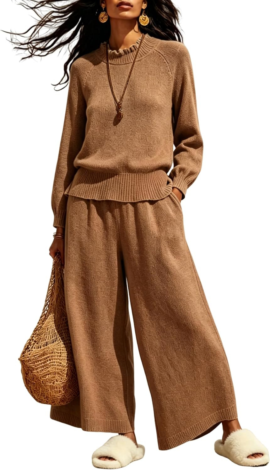Yeokou Women’s Ribbed Knit 2 Piece Set Long Sleeve Top Wide Leg Pants | Amazon (US)