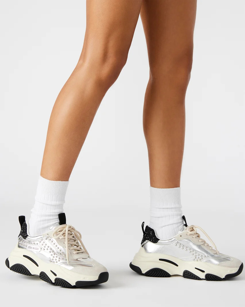 POSSESSION Grey Metallic Platform Sneaker | Women's Lace Up Sneakers | Steve Madden (US)