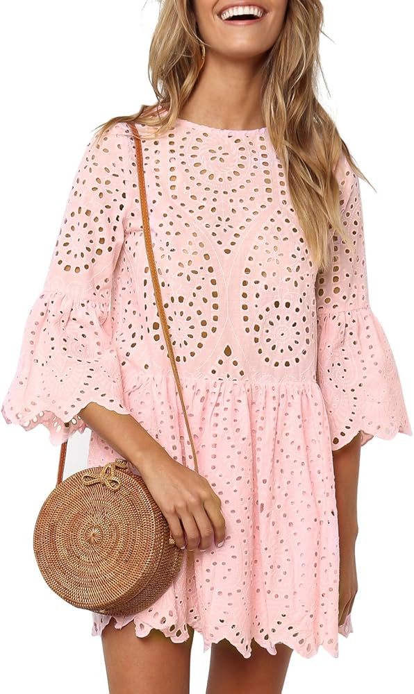 Simplee Women's White Lace Embroidery Hollow Out Keyhole O Neck High Waist Elegant A Line Mini Dr... | Amazon (US)