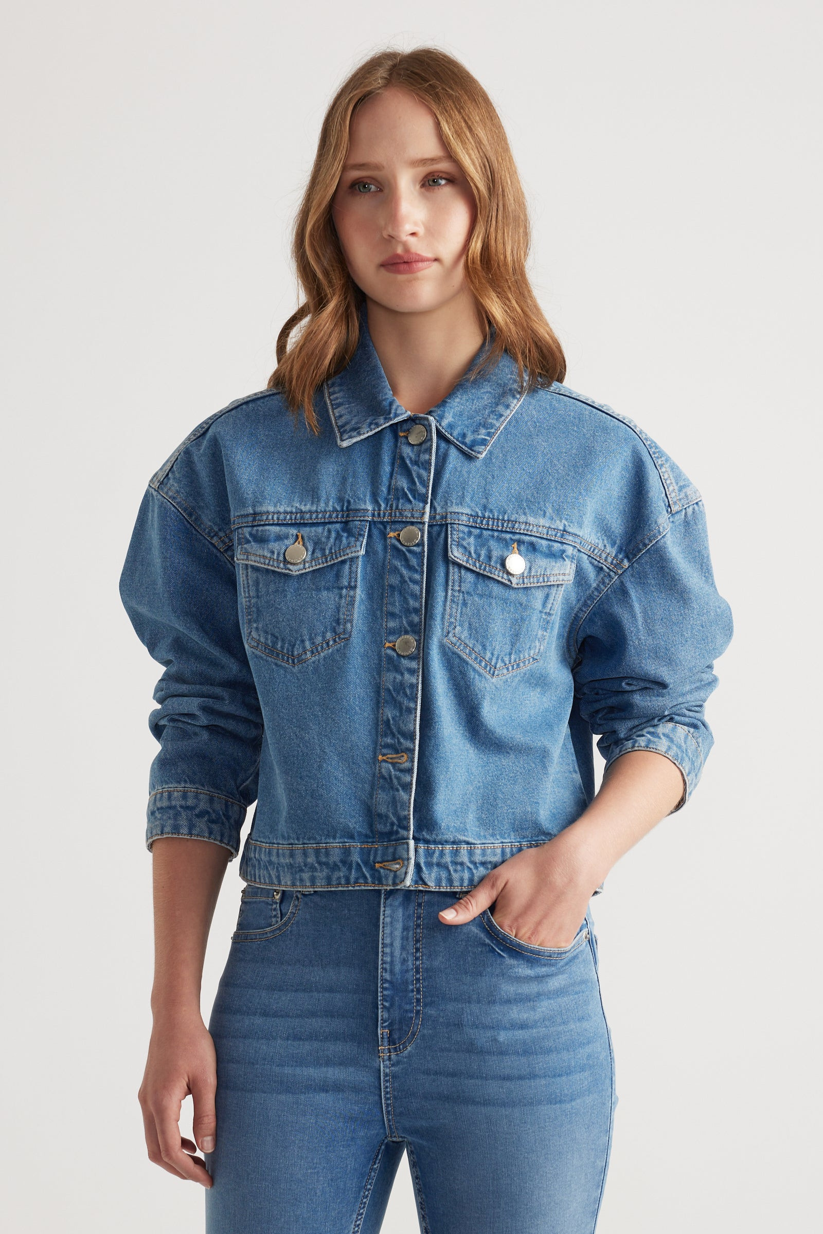 Dahlia Cropped Trucker Jacket - Mid Blue | DECJUBA