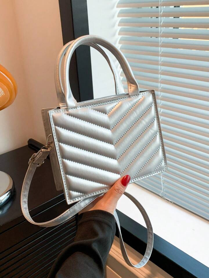 Mini Pressed V-Folded Stitched Pure Color Multi-Functional Women's Handbag For Casual Use As Hand... | SHEIN