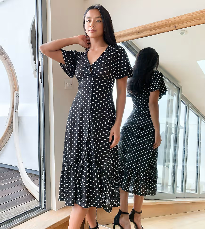 River Island Petite polka dot button through midi dress in black | ASOS (Global)