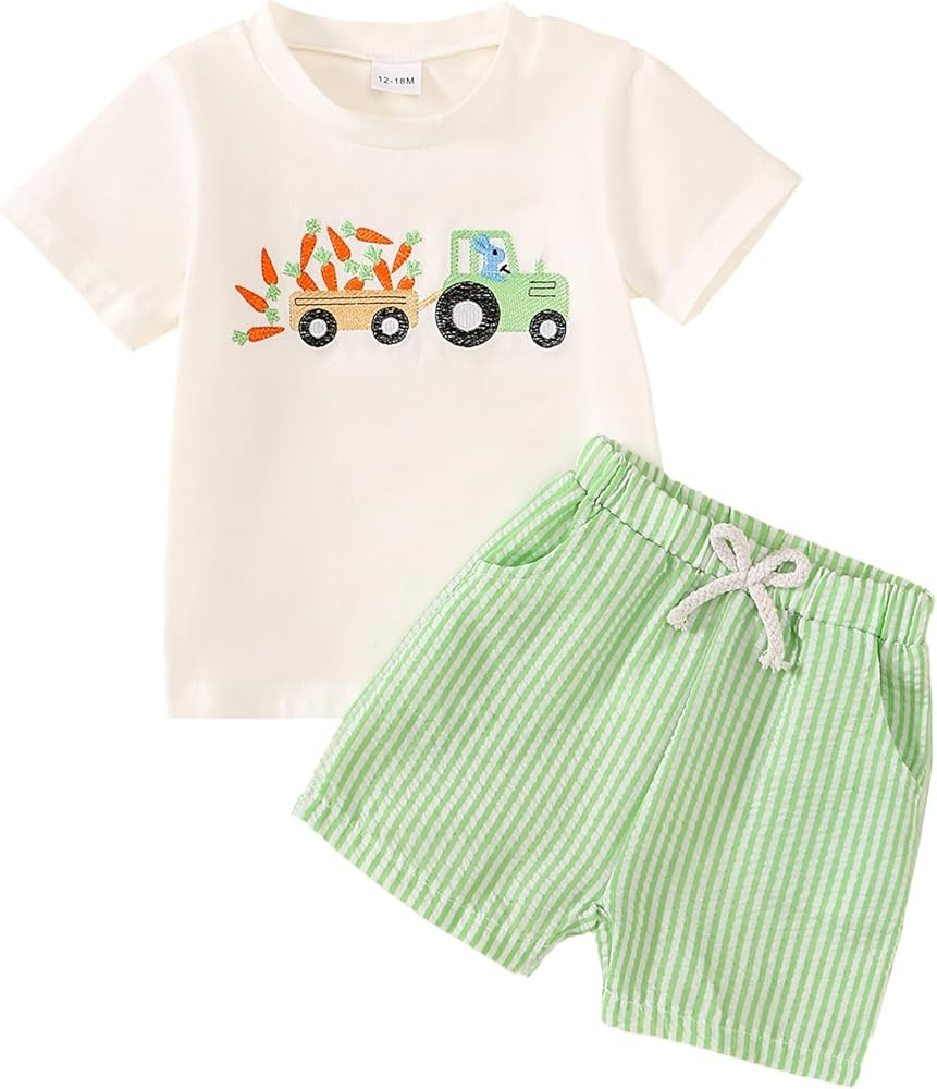 Toddler Baby Boy Easter Outfit Embroidered Bunny/Carrot T-shirt Top+Striped Pants 2PC Clothes | Amazon (US)