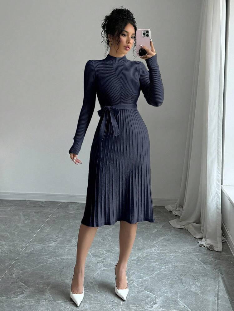 Selianne Women's Solid Color Stand Collar Long Sleeve Minimalist Flared Knit Dress, Autumn | SHEIN