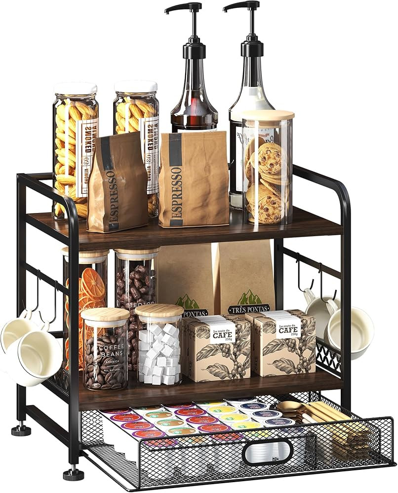 Coffee Bar Organizer with Drawer for Countertop Station,3-Tier Shelf for Home,Office,Coffee Cup H... | Amazon (US)