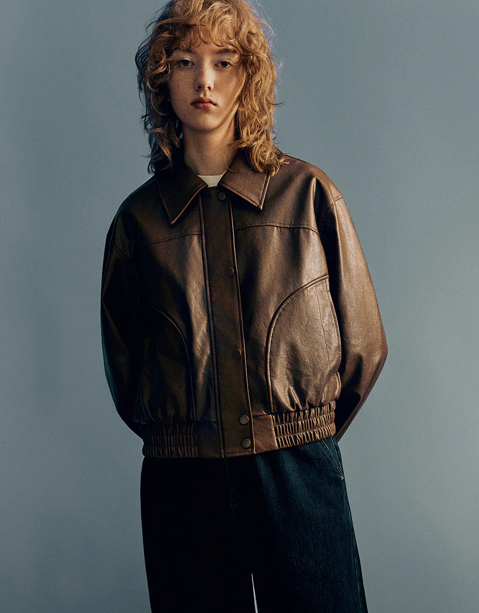 Drop Shoulder Sleeve Vegan Leather Jacket | Urban Revivo