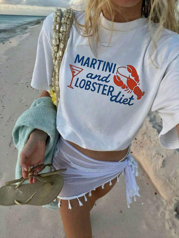 Martini & Lobster Diet Graphic T-Shirt, Short Sleeve Crewneck Casual Top, Summer & Spring, Women'... | SHEIN