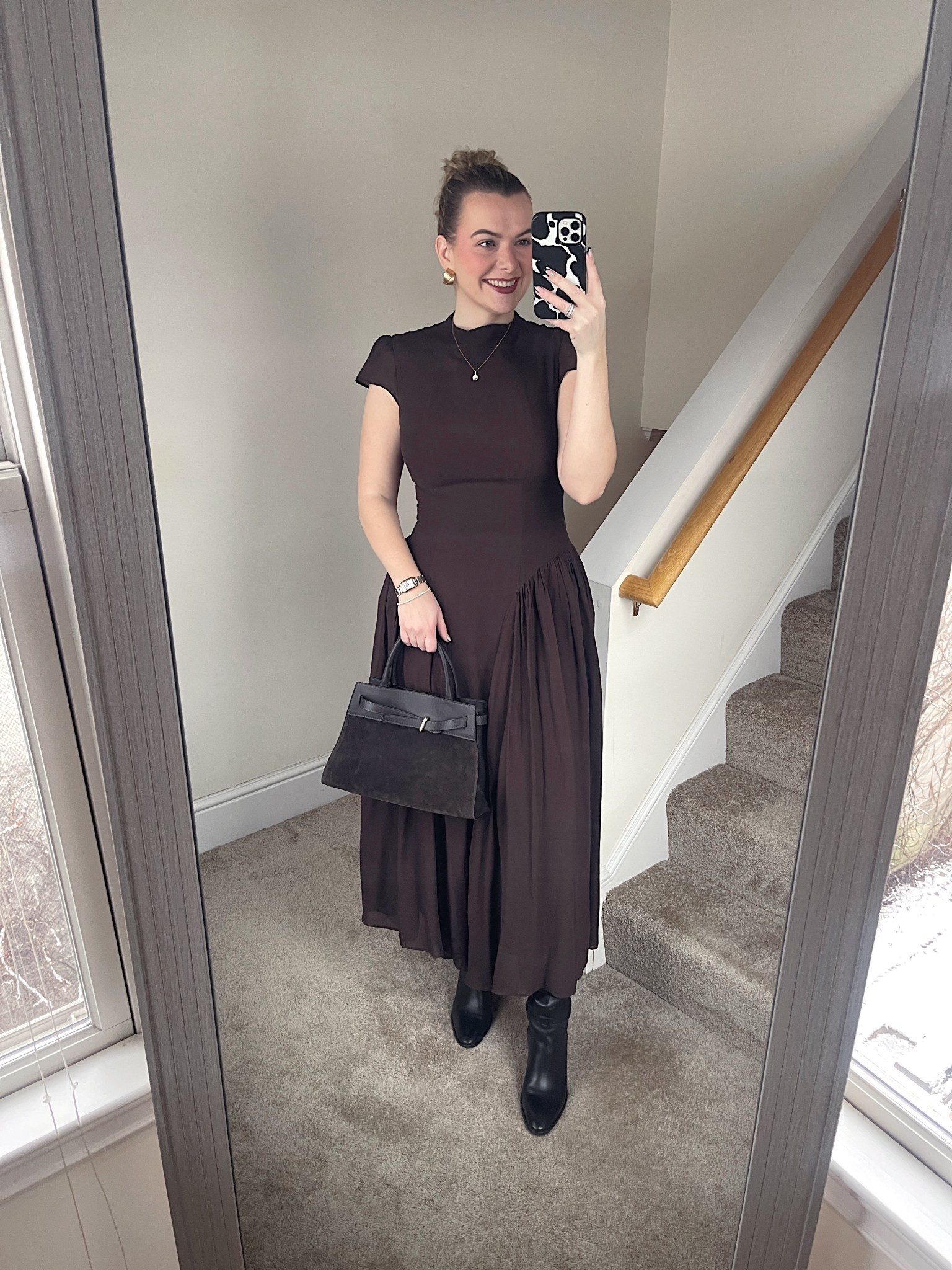 Reformation dress, bridal shower, wedding guest, brown dress 