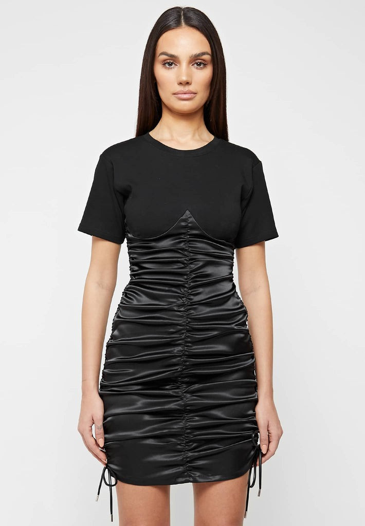 Ruched Satin T-Shirt Dress - Black | Maniere De Voir