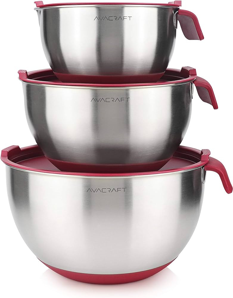 AVACRAFT 18/10 Stainless Steel Mixing Bowls with Lids, non slip silicone base bowls with Handle, ... | Amazon (US)