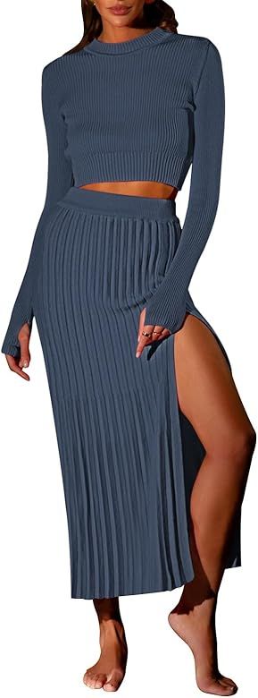 Pink Queen Women's 2 Piece Sweater Outfits Set Long Sleeve Crop Top Ribbed Split Bodycon Midi Long S | Amazon (US)