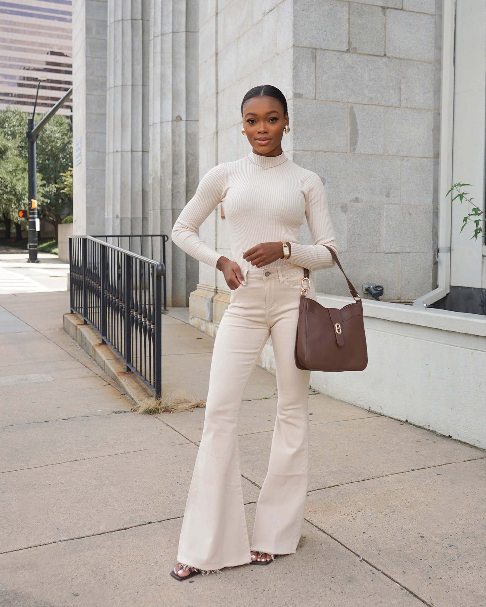 Love an all beige outfit for fall! 🤎 These high rise flare jeans and mock neck top are perfect for date night. Fit is true to size! 

#LTKstyletip #LTKSeasonal #LTKitbag