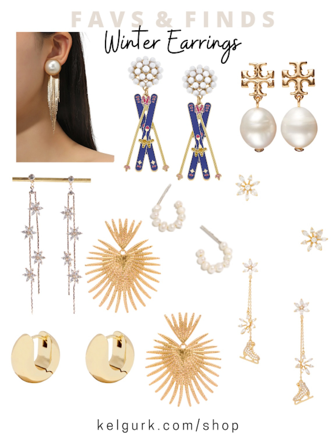 Winter Earrings: statement ear jackets, ski earrings, Tori Burch small drop pearls, mini post star burst earrings, drop ice skating earrings, large gold sun burst earrings, thick gold chunky huggie hoops, small mini pearl hoop earrings, drop cluster snowflake earrings

#LTKSeasonal #LTKstyletip #LTKunder100