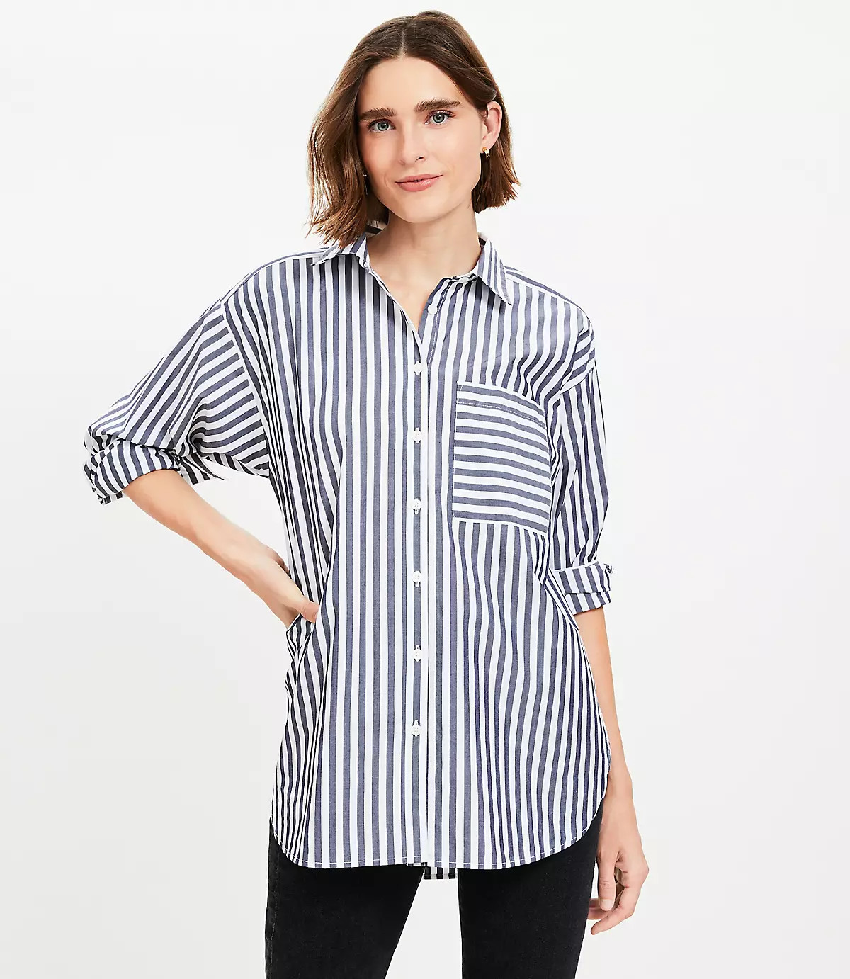 Striped Everyday Oversized Pocket Shirt | LOFT