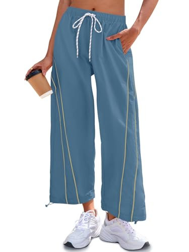 Fisoew Womens Baggy Wide Leg Pants Casual Elastic Waist Drawstring Hiking Workout Cropped Track Pants with Pockets Blue | Amazon (US)