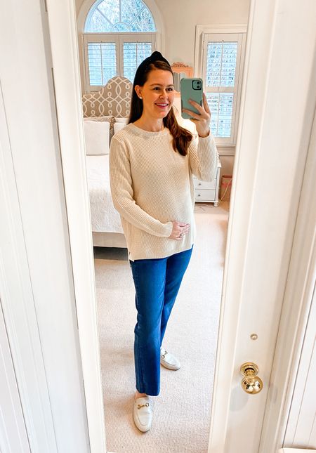 Bump friendly shaker sweater! Love the high low back and crewneck style. These maternity jeans are a game changer & super comfortable! *Wearing my normal pre-pregnancy size small in sweater and 26 in jeans. 

Maternity outfit. Bump friendly outfit. Pregnant. DL1961 maternity jeans. Knot headband. Lele Sadoughi. Princetown mules dupe. 

#LTKshoecrush #LTKstyletip #LTKbump
