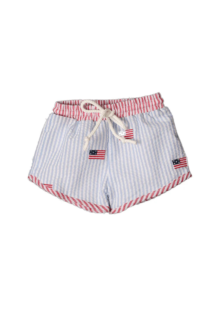 Embroidered Flag Seersucker Swim Trunks | The Smocked Flamingo