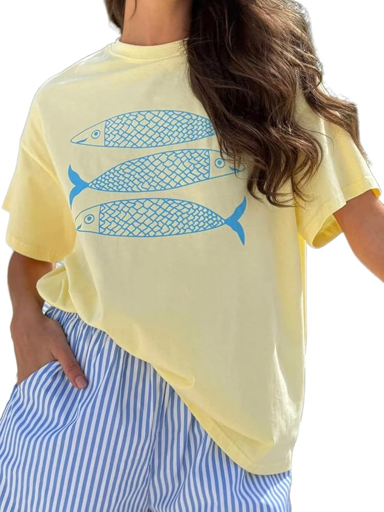 Y2k Women Lobster Graphic Oversized Tee Shirt Baggy Vintage Crayfish Sardine Print T Shirts for T... | Amazon (US)