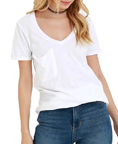 TASAMO Women's Summer Casual Sexy Short Sleeve V Neck Patch Pocket Slub Texture Tee Loose Top Tshirt | Amazon (US)