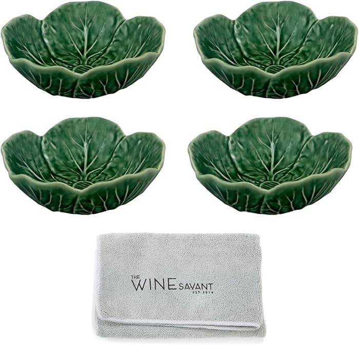 Bordallo Pinheiro Cabbage Bowl Green Set of 4 with Wine Savant Cleaning Towel Bundle Kitchen Bowl... | Amazon (US)