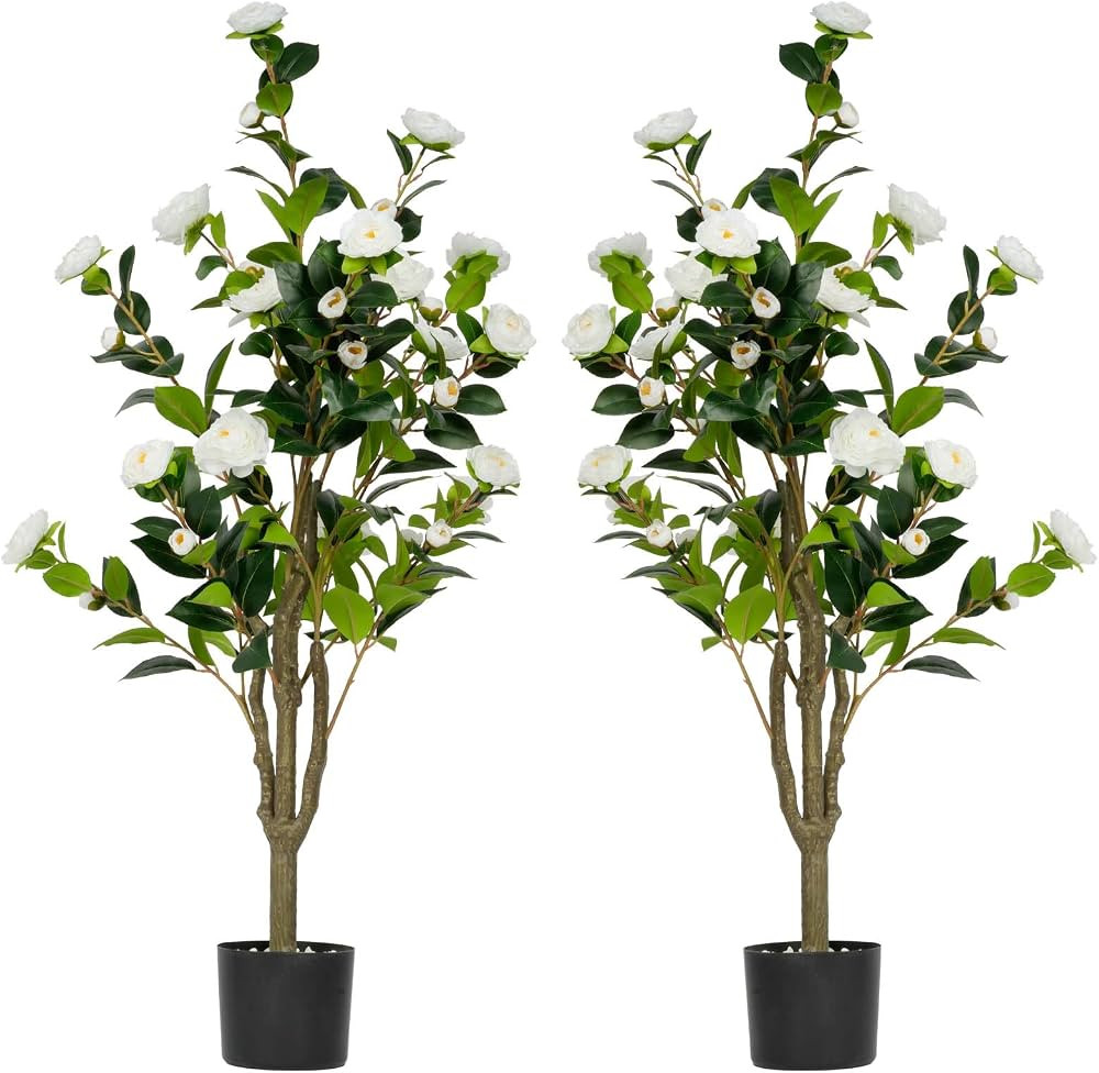 45" Artificial Camellia Tree 2 Pack Large Blooming Tree in Pot with White Flowers, 3.75ft Faux Fl... | Amazon (US)