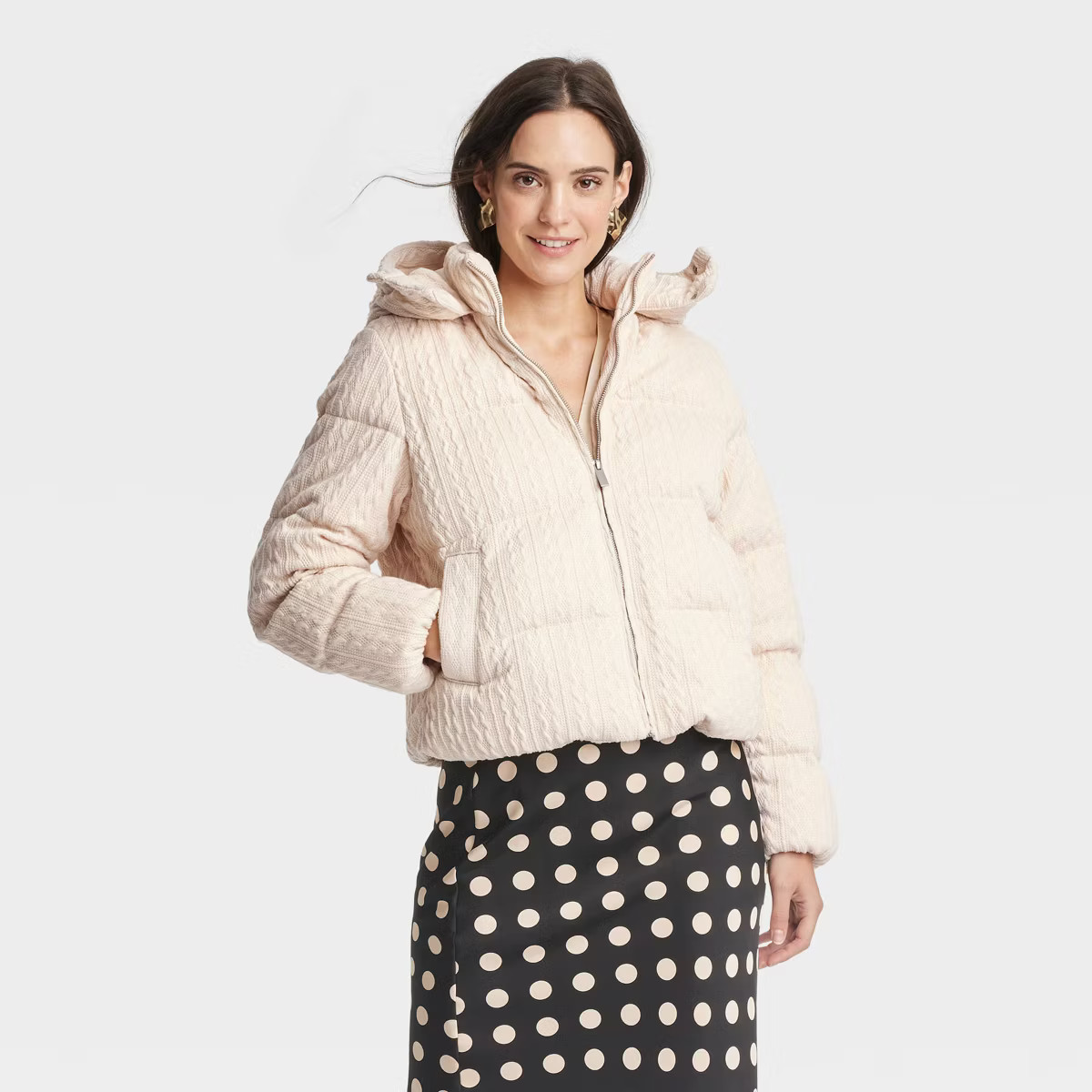 Women's Hooded Cable Puffer Jacket - A New Day™ Cream | Target