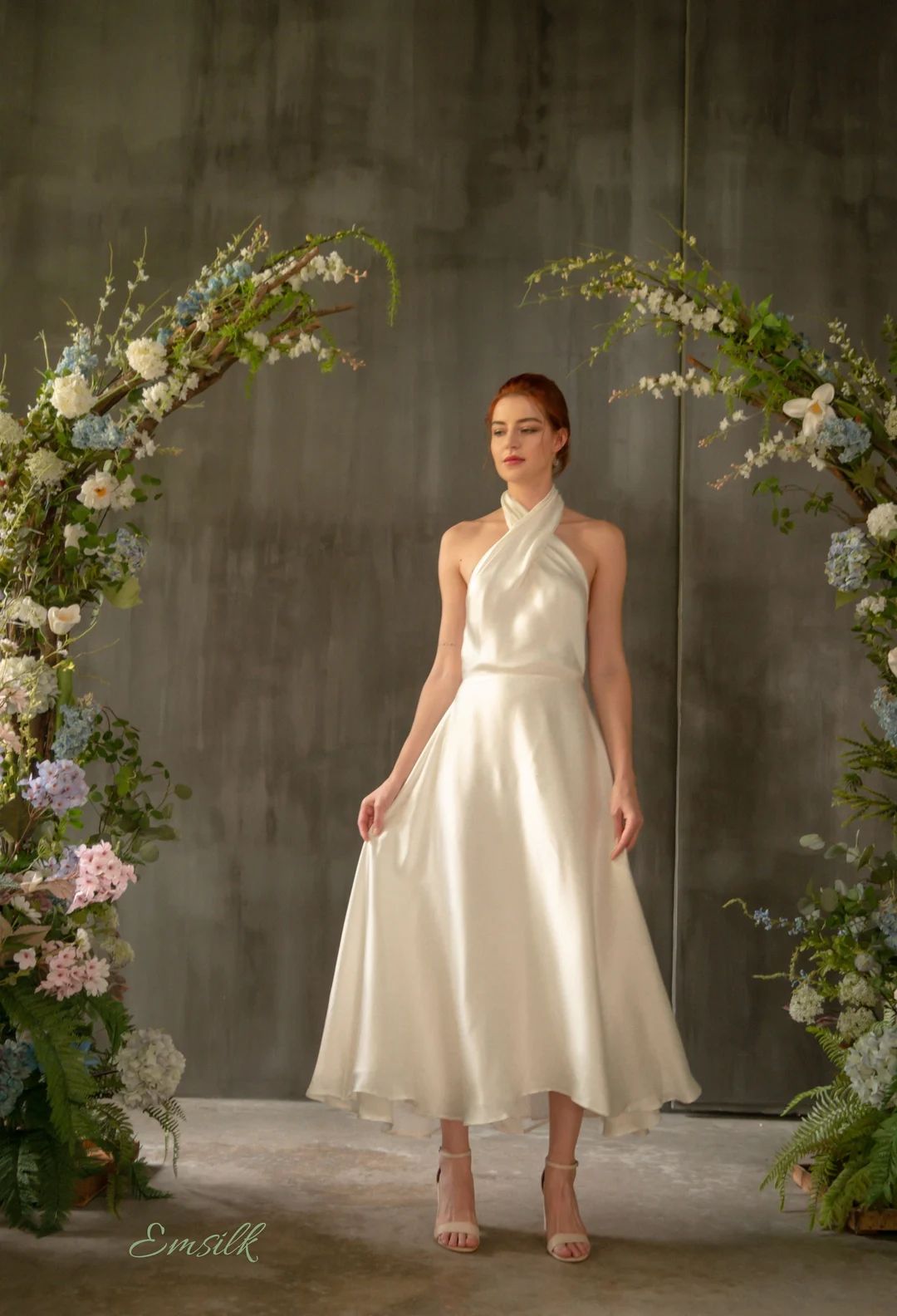 100 % charmeuse ivory silk dress/simple wedding dress/halter twisted neckline silk dress/ women s... | Etsy (US)