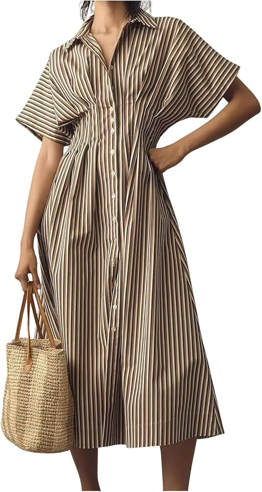 ebossy Women's Striped Shirt Dress Short Sleeve Contrast Color Ruched Flowy Mid Long Tunic Dress ... | Amazon (US)