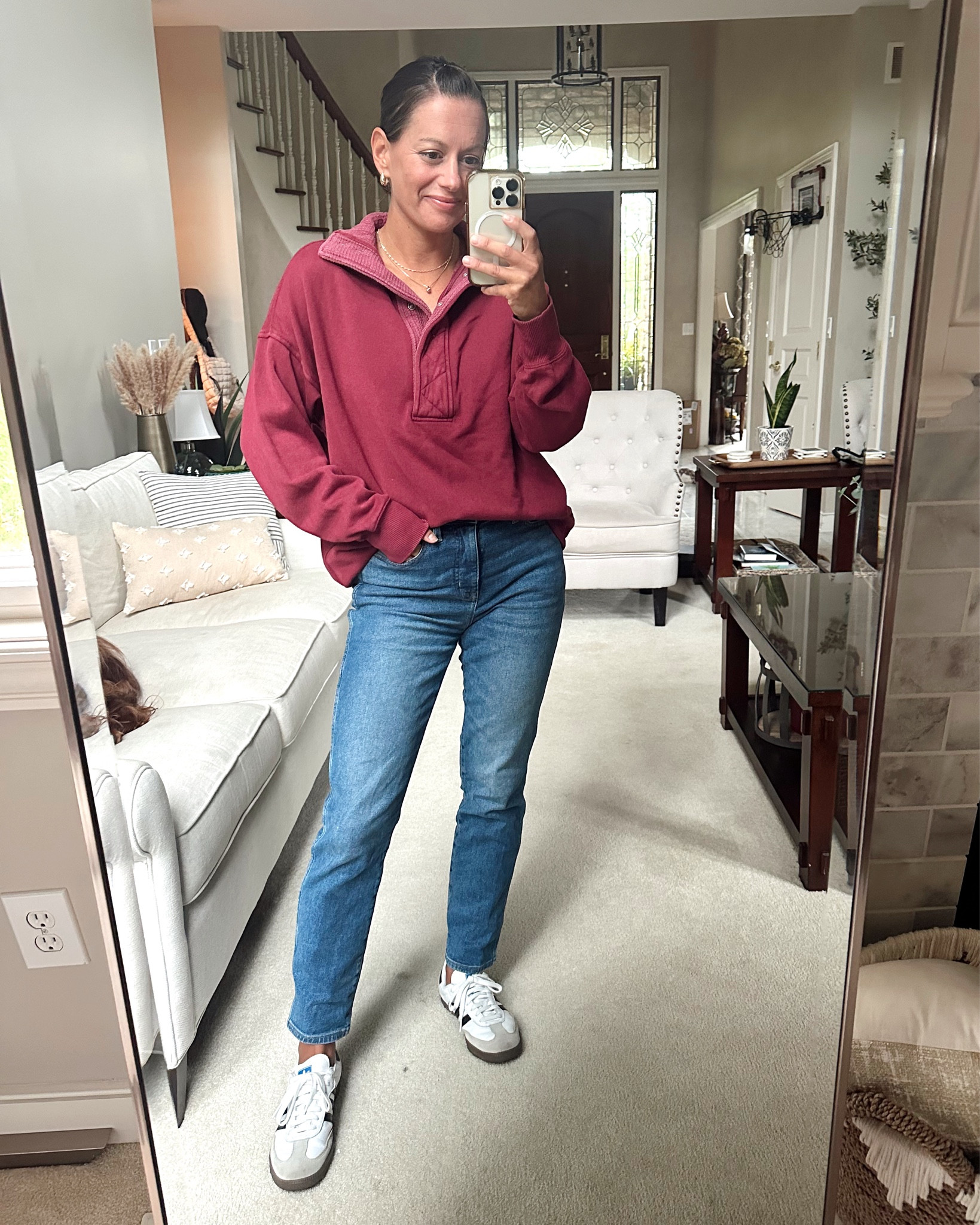Casual outfit of the day! Aerie pulllver sweatshirt (runs big! I’m wearing the xs), j crew factory jeans (runs big big - I’m wearing a 25), adidas samba sneakers (runs  big).




#LTKFallSale #LTKStyleTip #LTKFindsUnder50