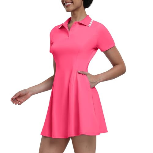 GGOV Womens Tennis Dresses Golf Dress Short Sleeve with Shorts Workout Athletic Dress(Neon Pink,Large) | Amazon (US)
