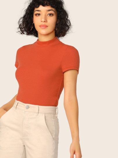 SHEIN Mock-Neck Rib-knit Form Fitted Top | SHEIN