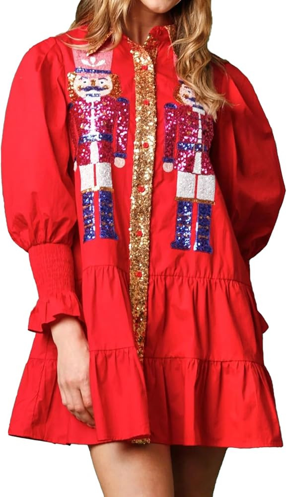 Christmas Nutcracker Dress for Women Sequin Sweatshirt Dress Long Puff Sleeve Button Down Mini Sh... | Amazon (US)