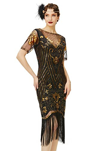BABEYOND Flapper Dresses 1920s Gatsby - Roaring 20s Sequin Beaded Dress Fringe Dress Black Gold | Amazon (US)