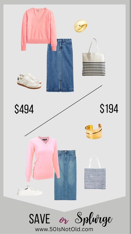 Same or Splurge! Denim midi skirt. Sneakers, stripes, V-neck sweater  
