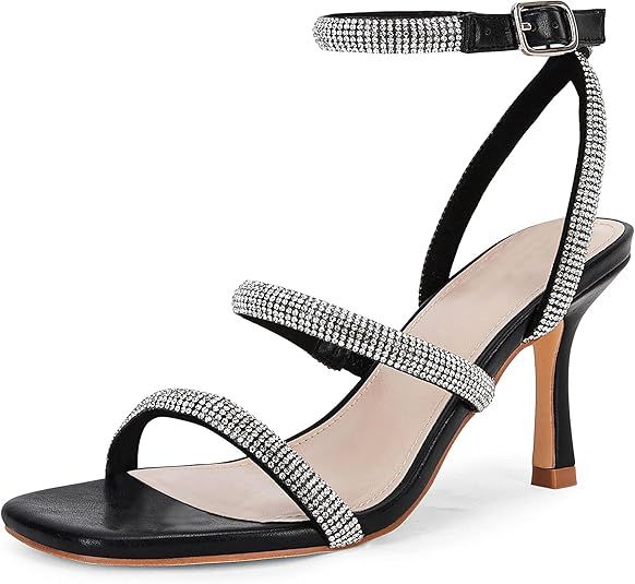 Coutgo Womens Rhinestone Strap Heeled Sandals Ankle Buckle Cross Strap Square Toe Mid Heel Slingb... | Amazon (US)