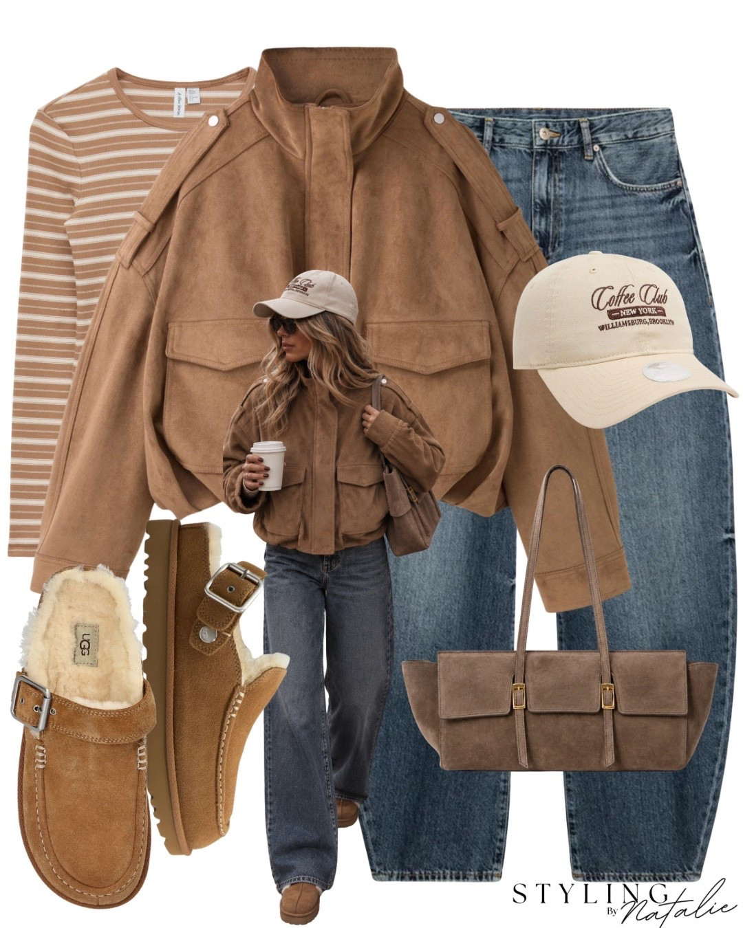 Oversize full suede funnel neck jacket with dark denim barrel leg jeans, suede Eastwest bag, stripey long sleeve T-shirt, baseball cap and UGG Evelina clogs. ￼ casual outfit, autumn outfit, fall outfit, bomber jacket, suede Chestnut UGGs every day elevated casual. ￼

#LTKautumn #LTKeurope #LTKuk