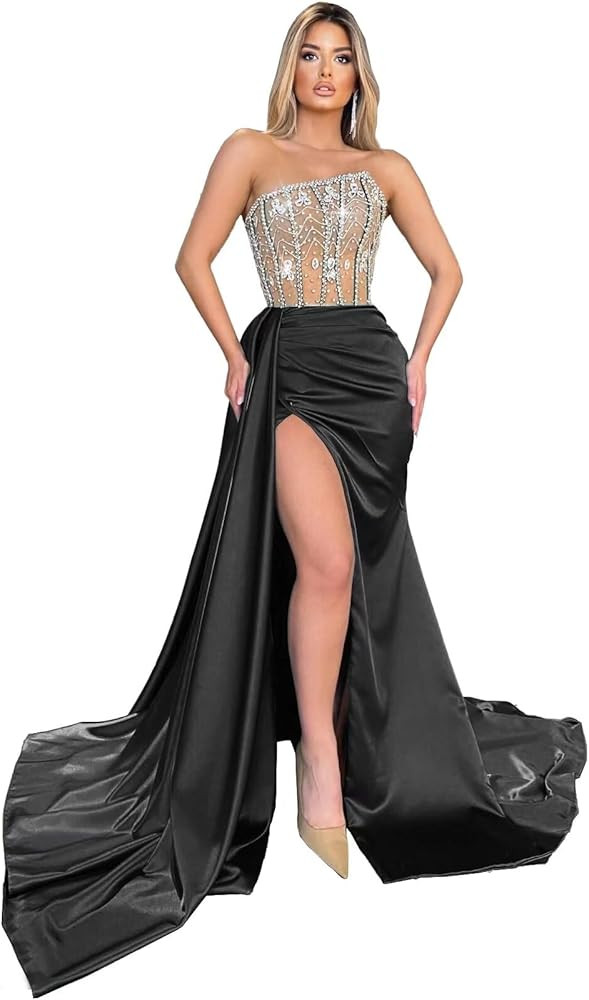 Strapless Mermaid Prom Dresses Long Tulle Sequin Beaded Satin Pleated Tight Formal Evening Party ... | Amazon (US)
