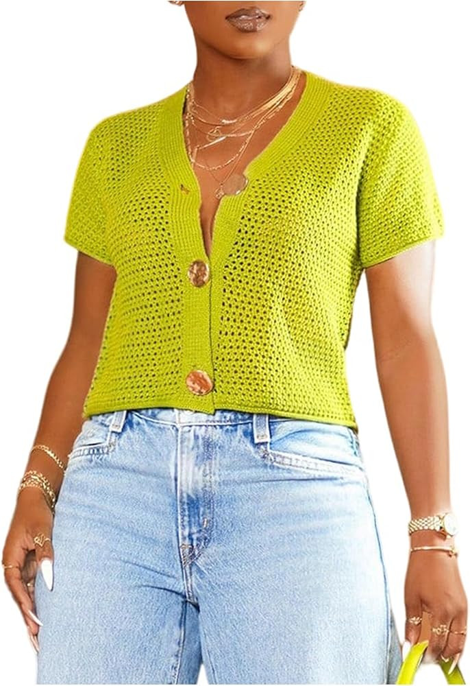 SweatyRocks Women's Hollow Out Cropped Cardigan Button Up Short Sleeve Sweater Outwear | Amazon (US)