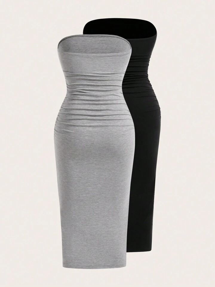 SHEIN EZwear Two-Piece Set Knitted Split Strapless Dress,Summer Dresses For Women | SHEIN