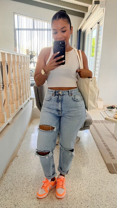 Casual ripped jeans and white tank outfit.

Outfit inspiration, Canvas Tote, Nordstrom, Everlane, curvy jeans, & other stories, Fitted Tank top, H&M, crop tank top, Abercrombie & Fitch, high rise mom jeans. Levi’s, Nike dunk low orange, StockX. 

#LTKSeasonal #LTKcurves #LTKfit