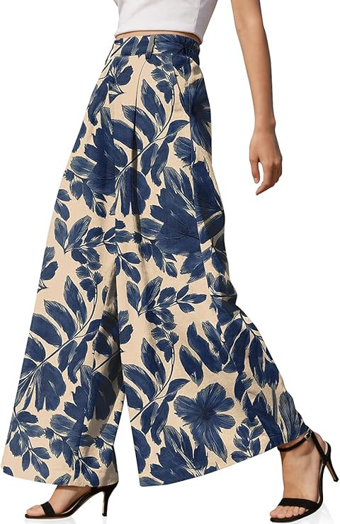 TARSE Womens Linen Palazzo Pants 2026 High Waist Wide Leg Printed Pleat Pants Woman Flowy Dressy ... | Amazon (US)