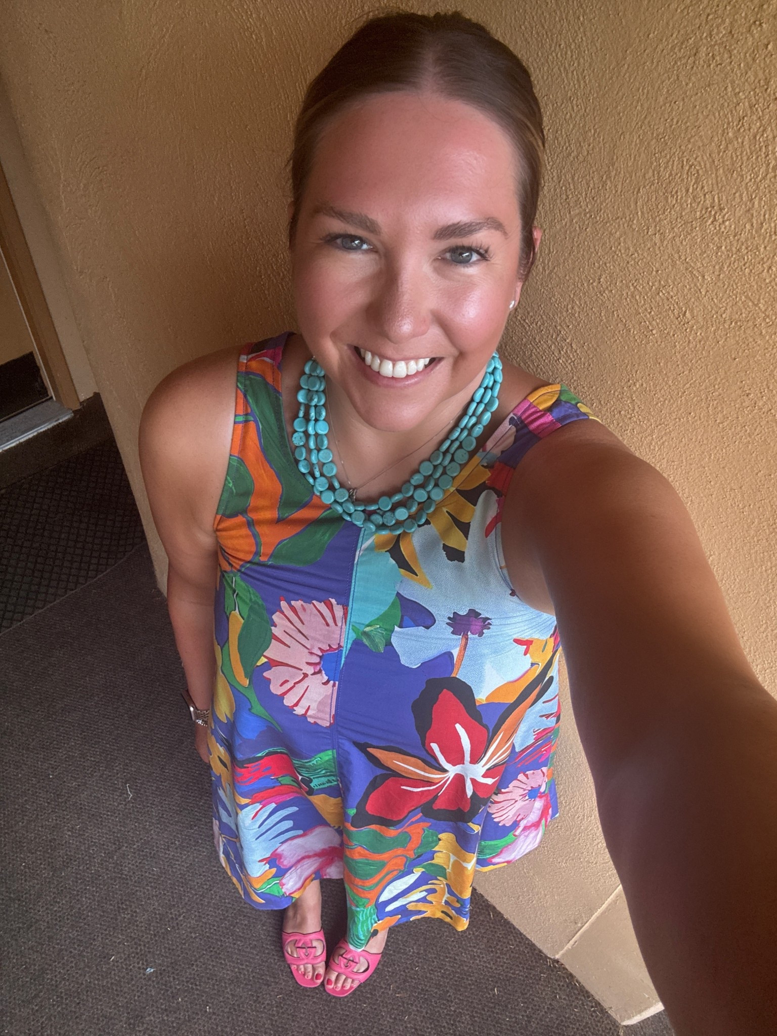 I couldn’t not pack this dress for Hawaii. The colors and print just felt like a tropical location. I love how bright it is and the fun shape. I paired it with my pink shoes and purse along with a turquoise necklace to add pops of color to my fun print   

#LTKShoeCrush #LTKTravel #LTKMidsize