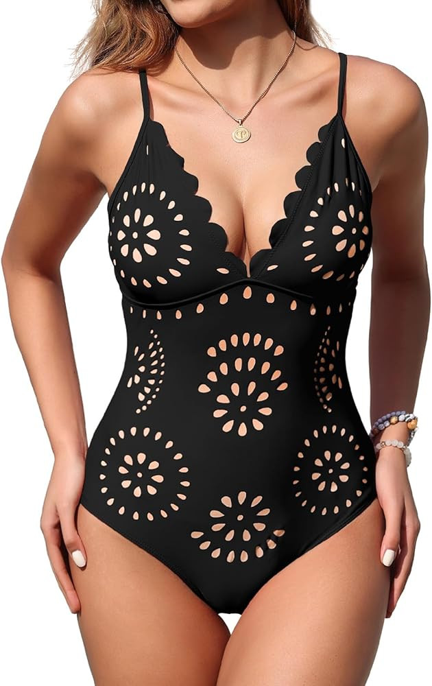 Upopby Women's Sexy One Piece Swimsuit for Women Cheeky Slimming Bathing Suits Scalloped Hollow O... | Amazon (US)
