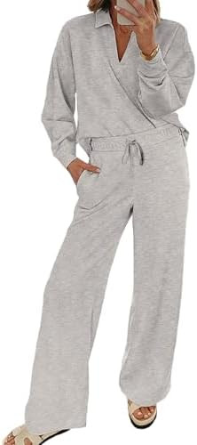 EVALESS Two Piece Sets for Women Lounge Sets Casual V Neck Sweatshirt and Wide Leg Sweatpants Mat... | Amazon (US)