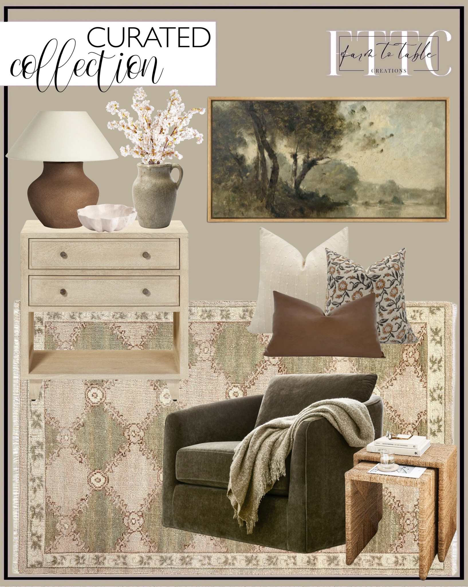 Curated Collection. Follow @farmtotablecreations on Instagram for more inspiration.

Montclair Hand-Knotted Rug. Malibu Rectangular Woven Nesting Table. Remmy Swivel Chair. Parma Table Lamp. Wrenna Nightstand. Rustic Countryside " Forest Landscape Classical Nature Secenery Extra Large Framed Artwork Picture. Sabine Picture. Hayes Faux Mohair Throw Blanket. PILLOW COMBO || Set Of Three Designer Pillow Covers, Beige Striped Pillow, Rust Floral Linen Pillow, Faux Leather Lumbar, Leather Pillow. Fluted Bowl. Cherry Blossoms. 

Living Room | Dining Room | Dining Room Artwork | Bathroom Finds | Bedroom Finds | Bedroom Furniture | nightstands | Home Decor| Fireplace Decor | Spring Refresh |  Bedroom Finds | Neutral Stems | Spring Stems | Bookshelf Decor | Bedroom Space | Cozy Corner | Bathroom | Curated Entryway | Spring  Decor | End of Year Clearance | Trending Decor | Viral Decor | Amazon Holiday | Bedroom corner | Coffee Table Decor | Neutral Decor | Fall Stem Sale | Target Finds | Skinny Bench | Bedroom | Living Room | Breakfast Nook | Amazon Home | Target Sale | Loloi Rugs | Magnolia Home | console table | console table styling | faux stems | entryway space | front porch decor | neutral decor | entryway decor | cozy home | affordable decor |  home decor | home inspiration | console styling | entryway rug | cozy moody home | moody home decor | neutral home | bathroom decor | living room | spring decor | Hearth & Hand | Studio McGee | 2025 Home Trends | trending home 




#LTKFindsUnder50 #LTKSaleAlert #LTKHome