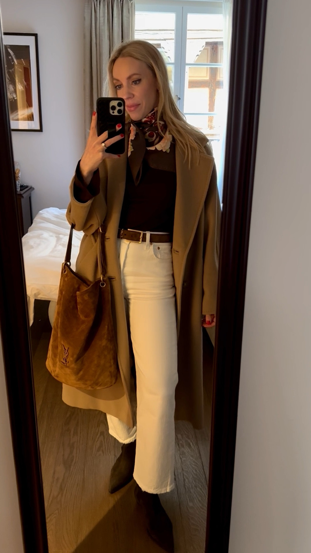 Spring outfit, European vacation look, silk scarf, camel coat, brown suede YSL belt, @Levi's white ankle jeans, suede Saint Laurent bucket bag 

#LTKSaleAlert #LTKootd #LTKTravel
