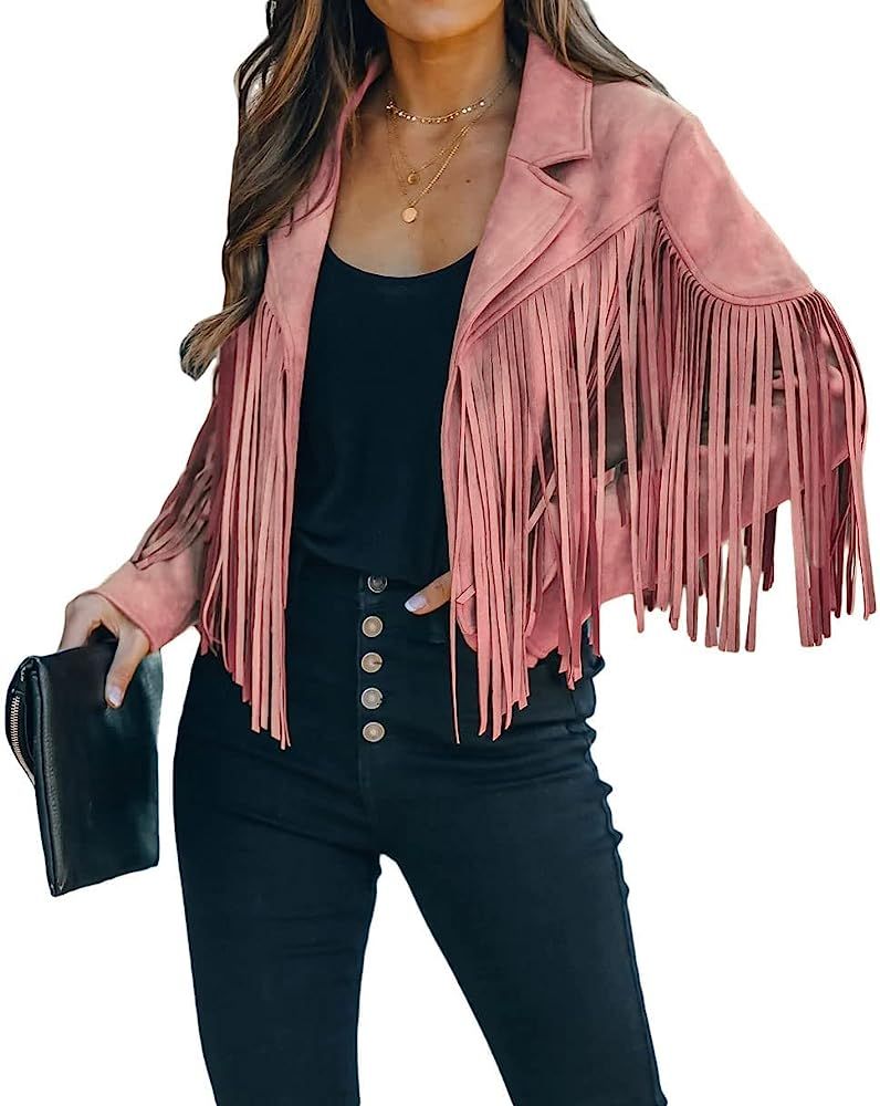 CHARTOU Women's Chic Cropped Tassel Fringe Faux Suede Moto Jacket | Amazon (US)